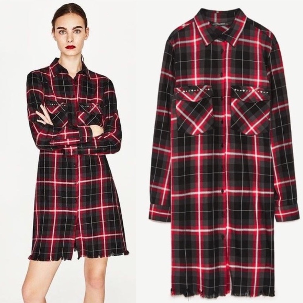 Zara Woman Premium Tartan Plaid Studded Pocket Fray Hem Shirt Dress Red Black XS - Picture 2 of 13